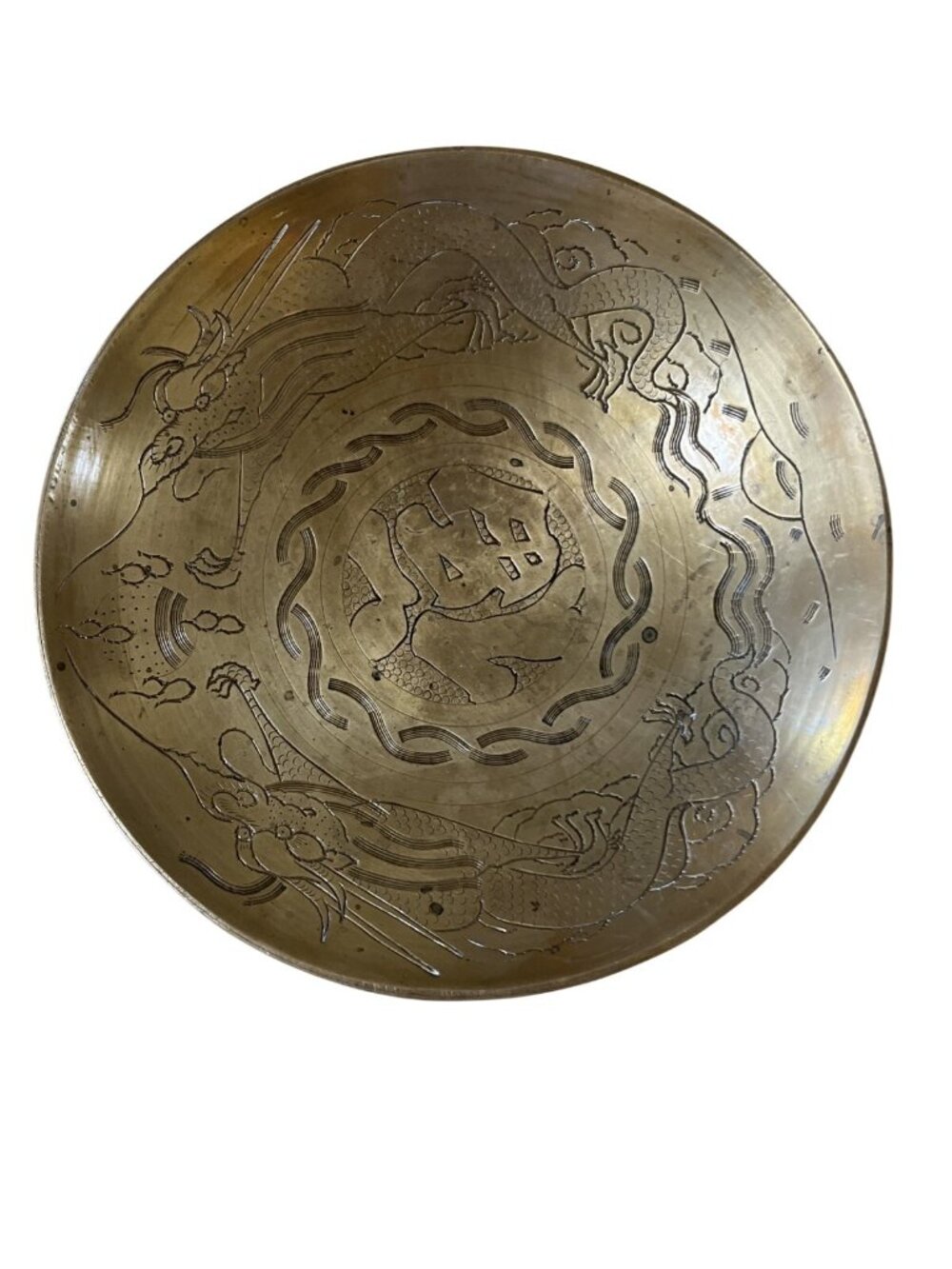 10” Handmade Old Chinese Brass Shallow Bowl Ornate Etched vintage
